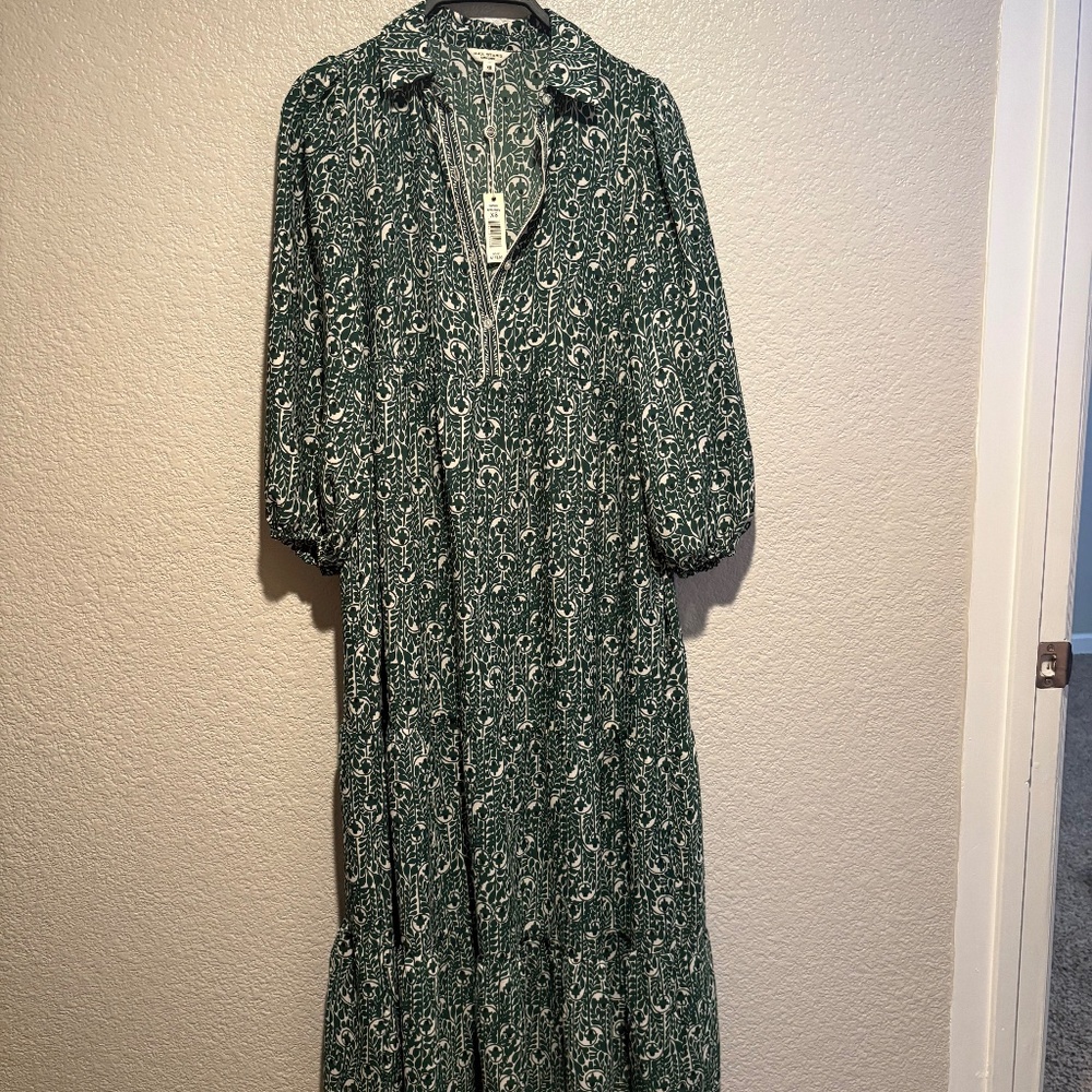 Max Studio Green Print Maxi Dress with Collar and Sleeves